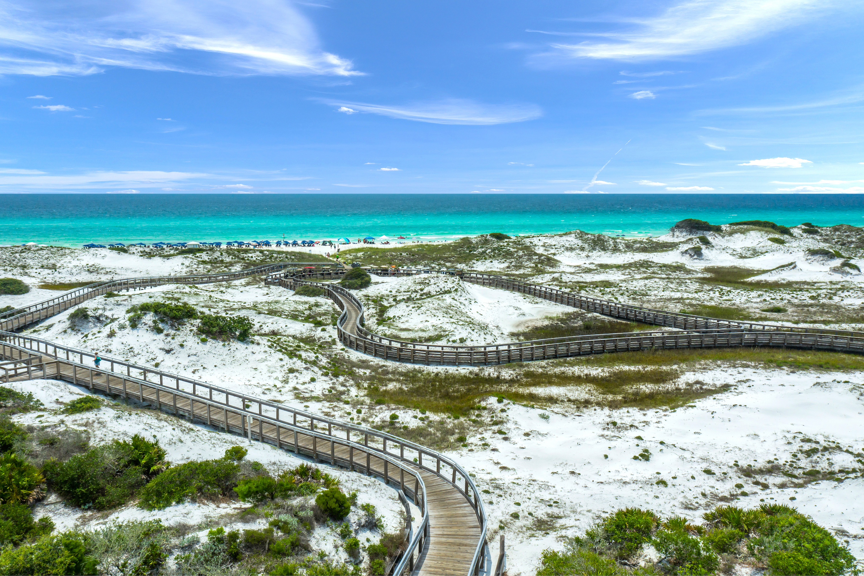 An aerial view of the scenic boardwalk to the beach with the brilliant gulf waters in the background