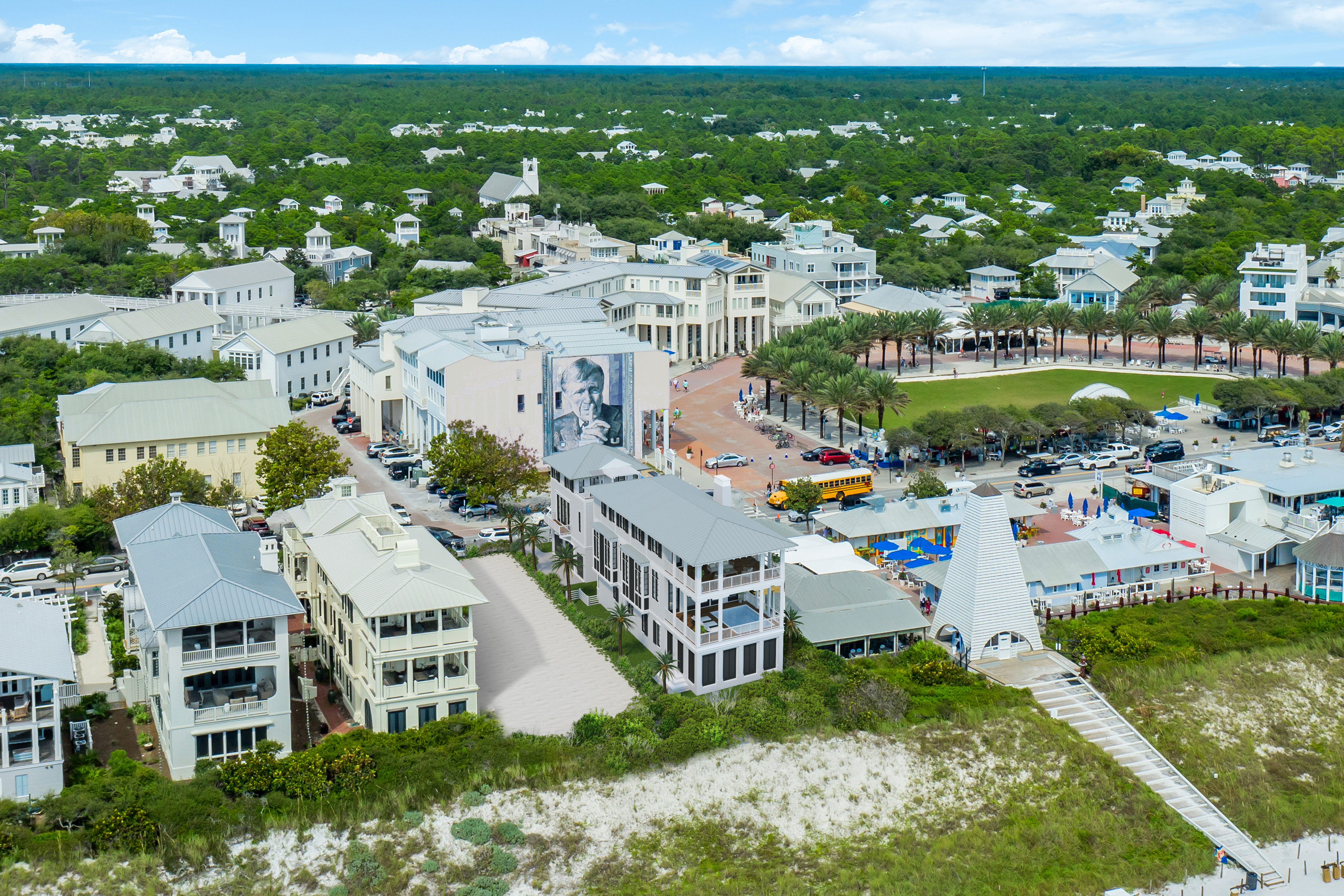 An aerial view of homes and businesses in Seaside