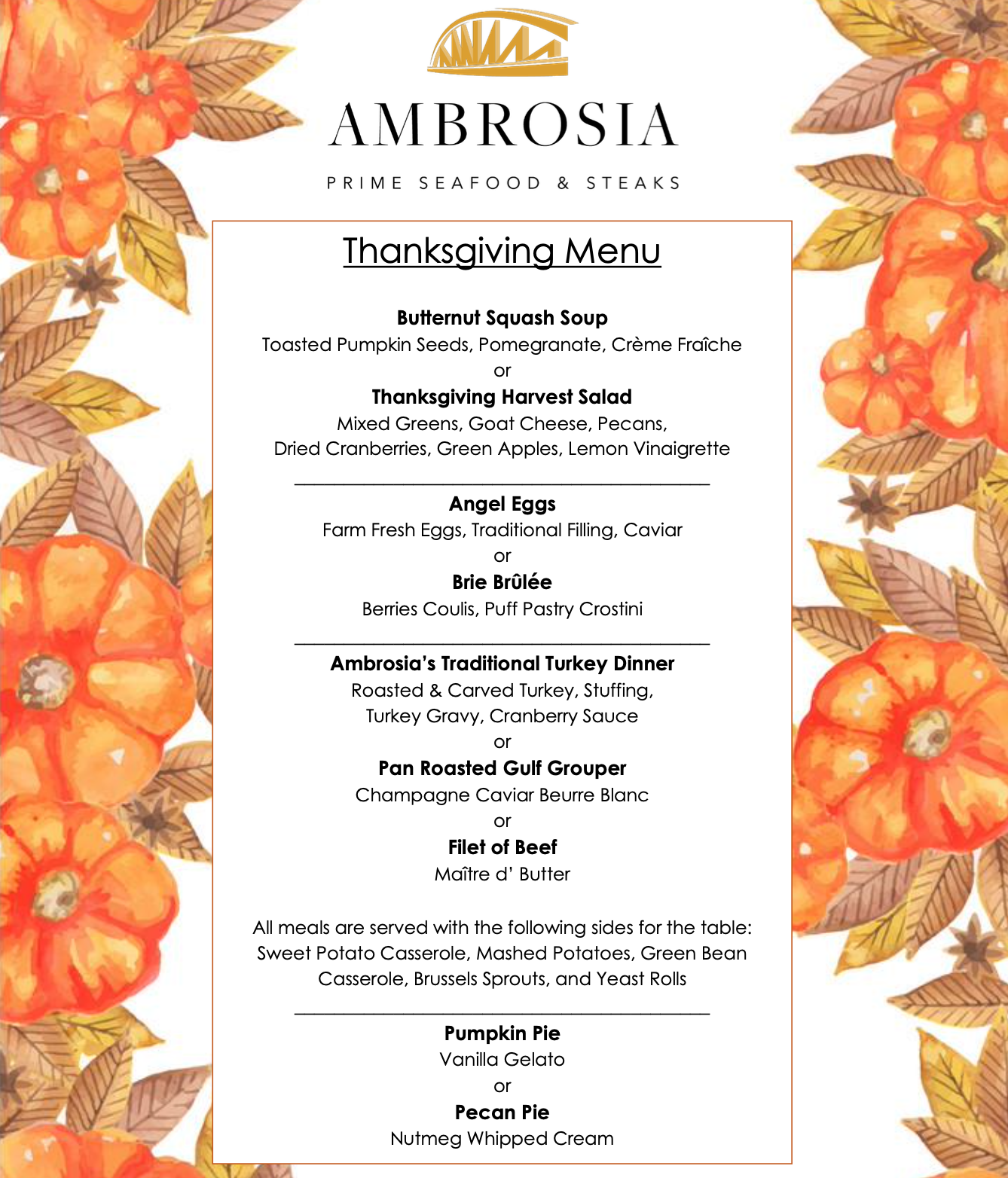 Ambrosia Thanksgiving Dinner Menu
