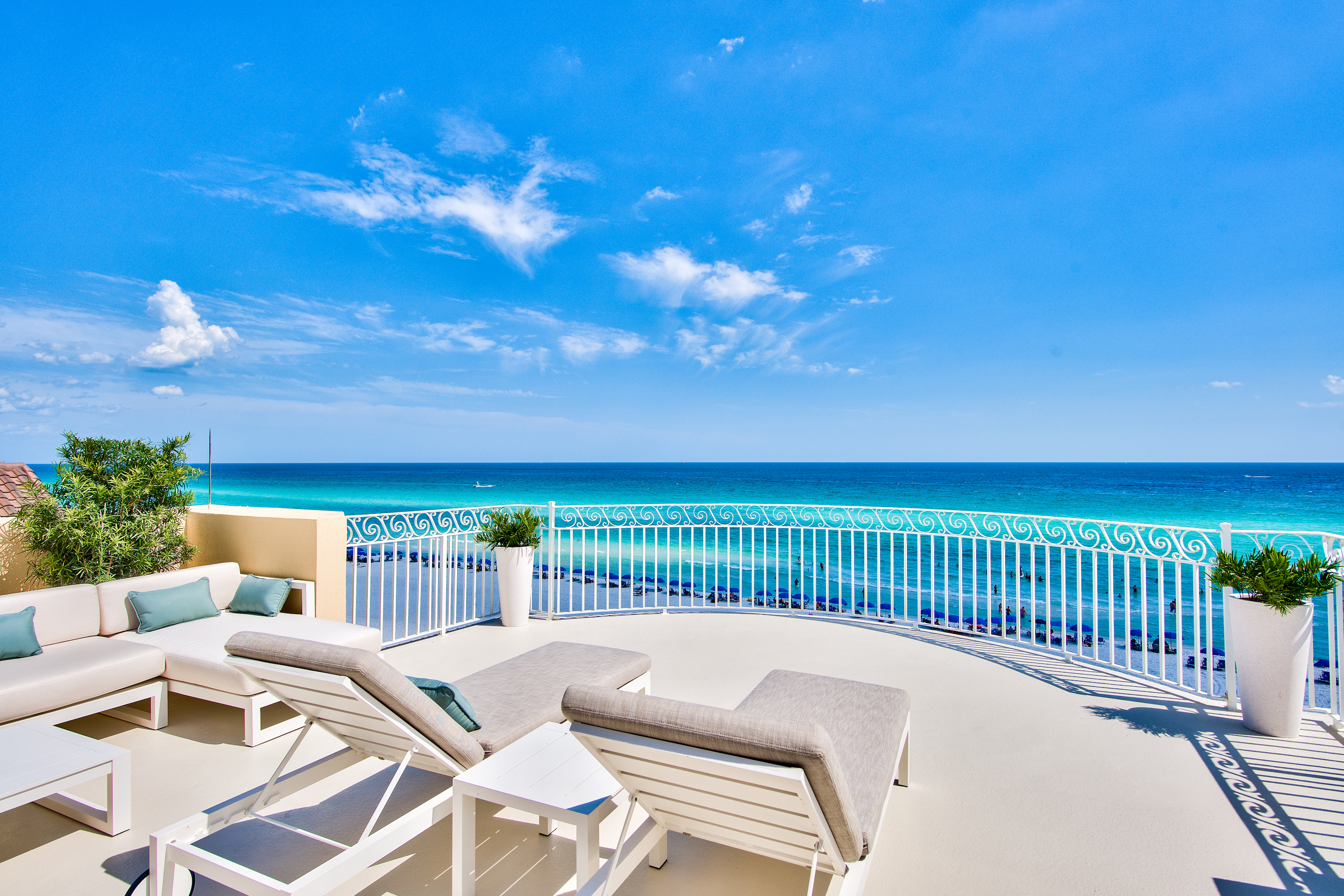 A restful view of turquoise Gulf waters from the roof top terrace of a Gulf front home in Destin