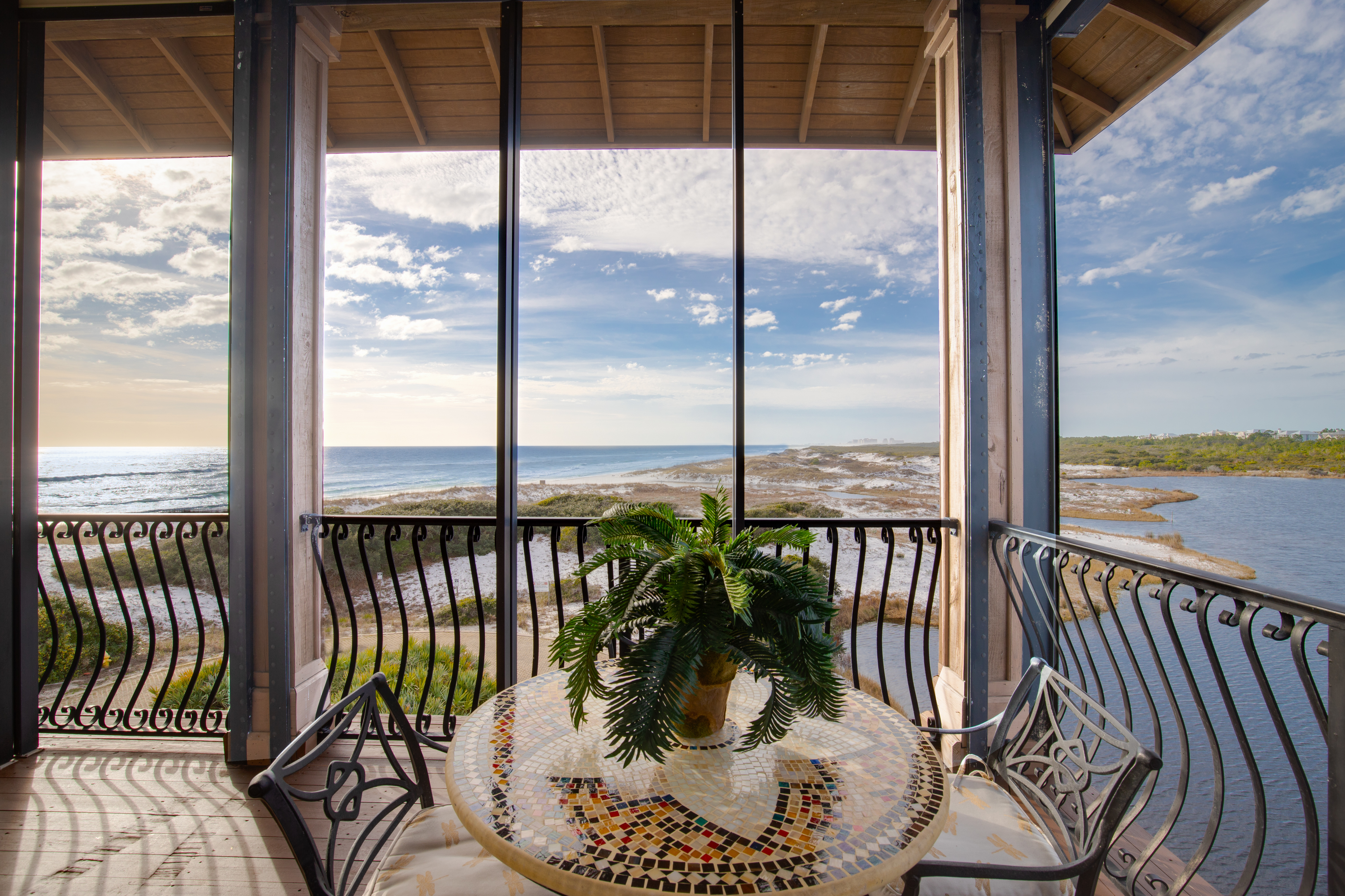A view of the Gulf and beach from the covered deck of a home in Stallworth Preserve